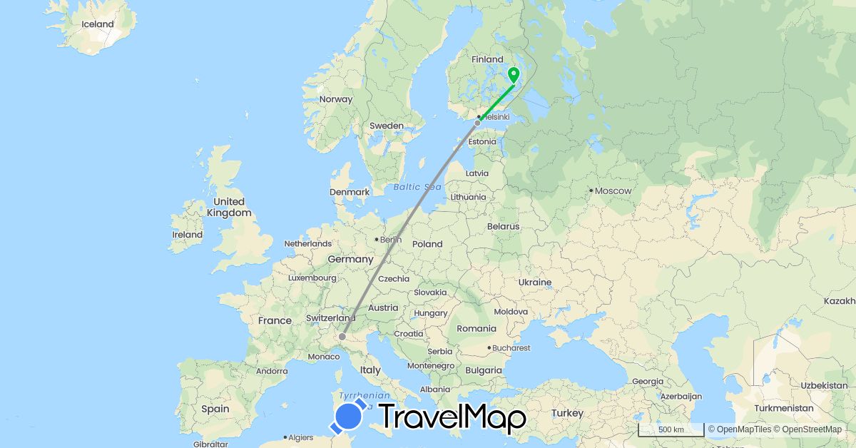TravelMap itinerary: driving, bus, plane in Finland, Italy (Europe)